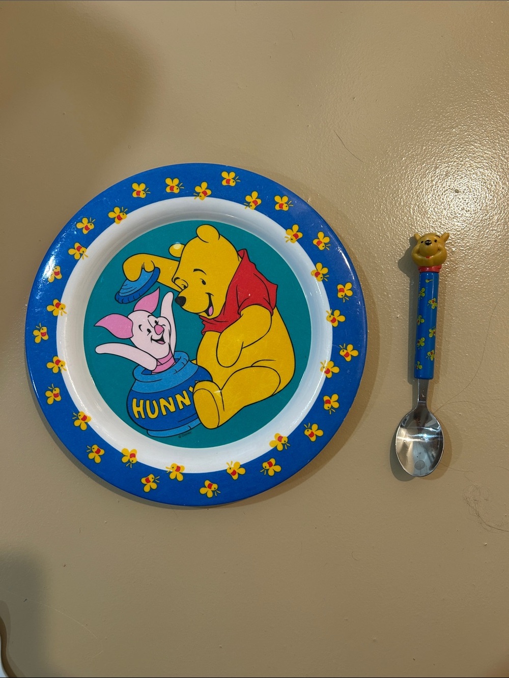 Vintage 1990s Winnie the Pooh Children's Plate and Spoon Set